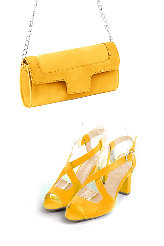 Dress clutch for wedding and parties in yellow leather - Worn view